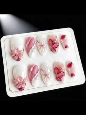 Pink Floral Press-On Nail Set size Medium